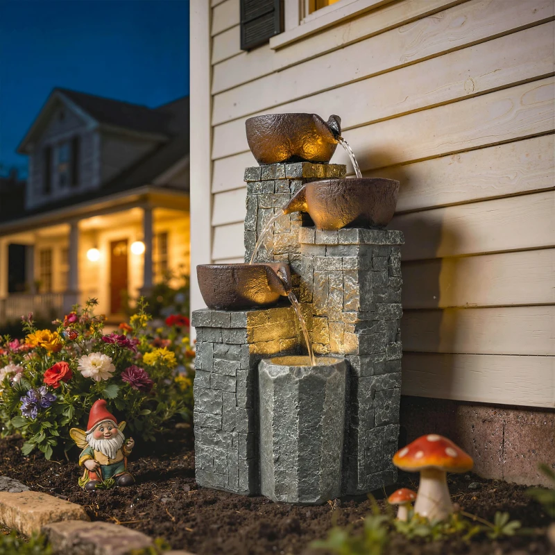 Outsunny 4-Tier Outdoor Fountain, Cascading Waterfall, Garden Fountain with LED Lights, Adjustable Flow, Grey and Rustic Brown