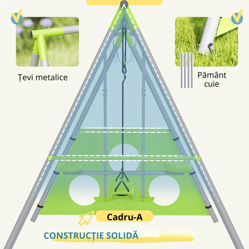 AIYAPLAY Joc pentru Copii 4 în 1 cu 2 Leagăne de Grădină, Coș și Poartă de Fotbal, 215x180x182 cm, Verde și Gri(m-4)