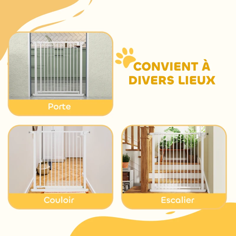 PawHut Barrière de sécurité pour chiens et bébés 76 à 80 cm avec extension fixation par pression sans perçage 76 à 80cm blanc