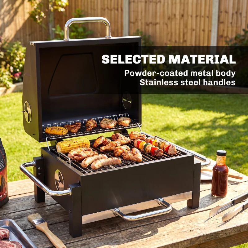 Outsunny Grill na węgiel drzewny ze stali przenośny BBQ Smoker z pokrywą regulowanymi otworami wentylacyjnymi dwupoziomowy pojemnik na węgiel termometr