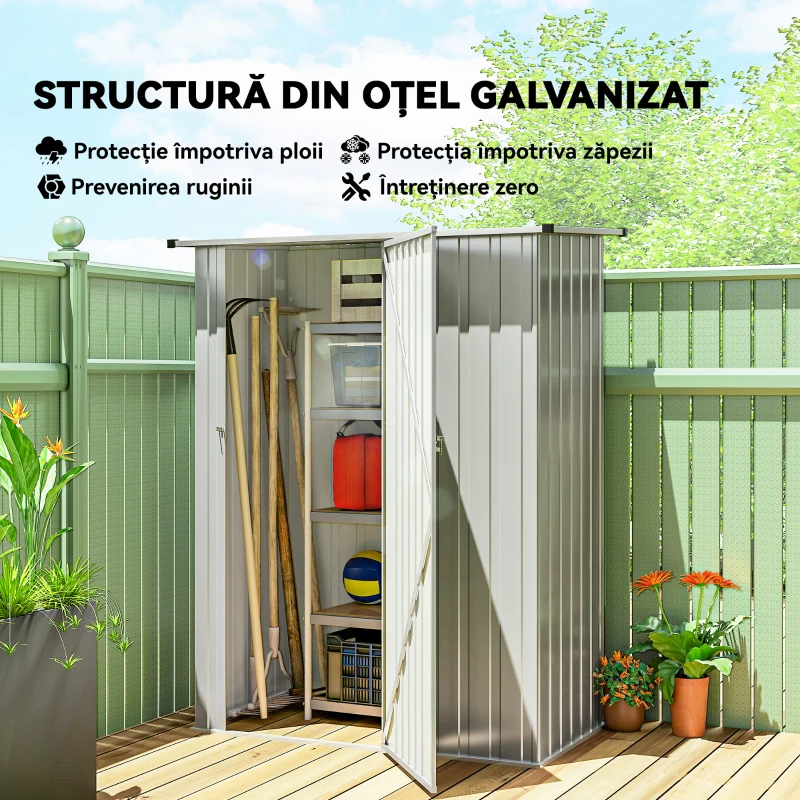 Outsunny Căsuță pentru Grădină 1,07m² din Oțel Galvanizat, Căsuță pentru Unelte cu Ușă Blocabilă, Acoperiș Înclinat, 142x86x189 cm, Argintiu