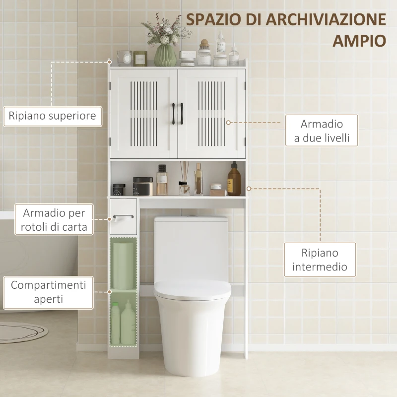 HOMCOM Mobile Sopra il Water con Ripiano Regolabile, 2 Porte, Supporto per Carta Igienica e Ripiani Aperti, Bianco