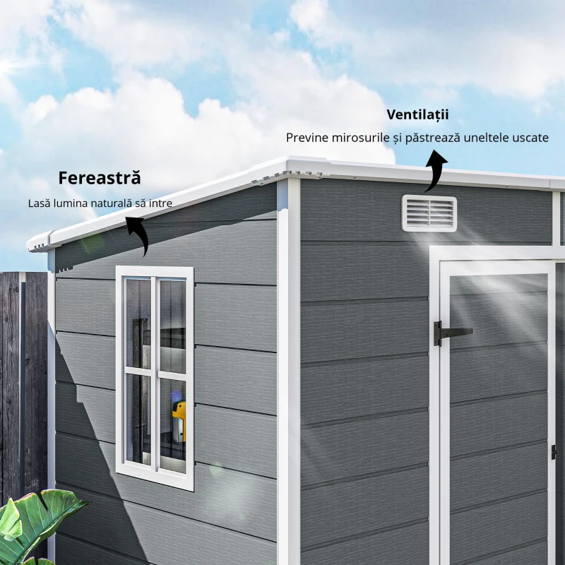 Outsunny Căsuță de Grădină din Rășină cu Podea, 2 Uși Blocabile, Fereastră, 2,4 x 1,3 m, Gri(m-6)