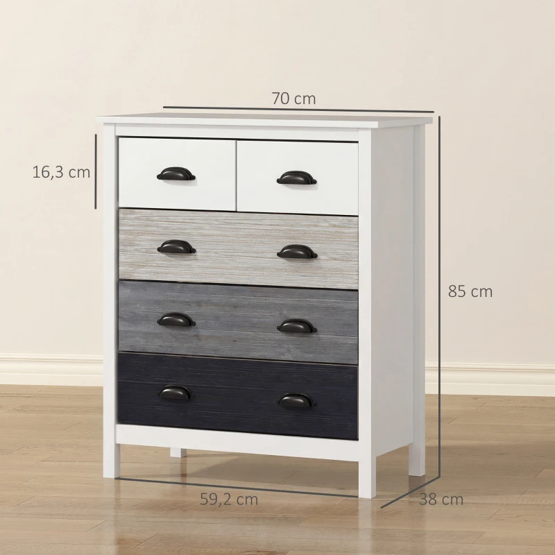 HOMCOM Cómoda con 5 Cajones Cómoda para Dormitorio Moderno con Diseño Anti-vuelco 70x38x85 cm Blanco