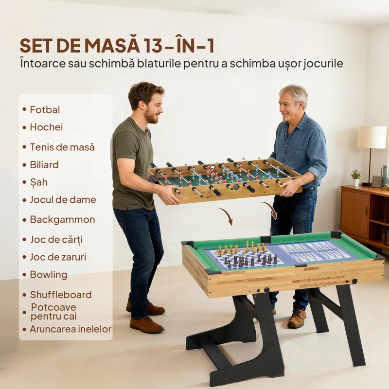 SPORTNOW Masă de Joc 13 în 1 Pliabilă cu Fotbal de Masă, Ping Pong, Hochei, Biliard, Șah și Altele, Nuc