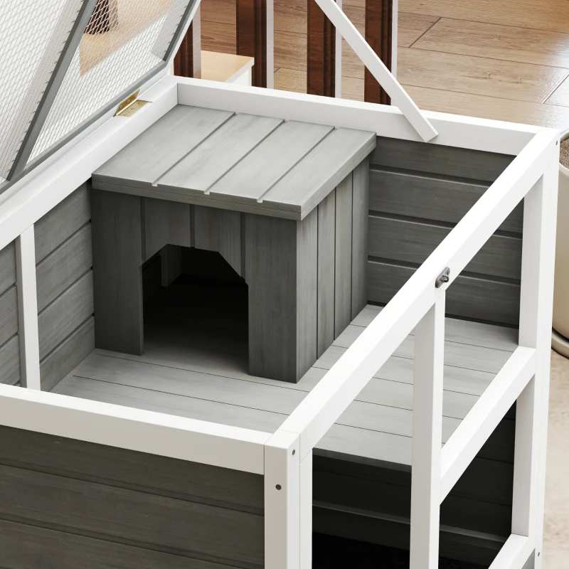 PawHut Kleintierstall mit 2 Ebenen 4 Rollen versiegeltes Tannenholz Grau
