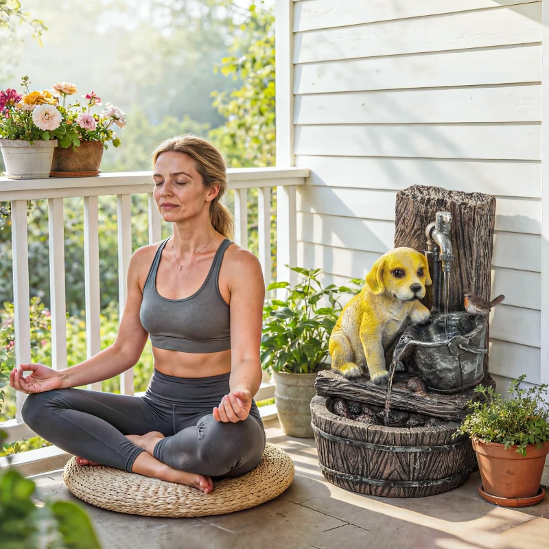 Outsunny Garden Water Feature with 3-Tier Rustic Puppy Design, Freestanding Resin with LED Lights, Adjustable Flow, Rustic Brown
