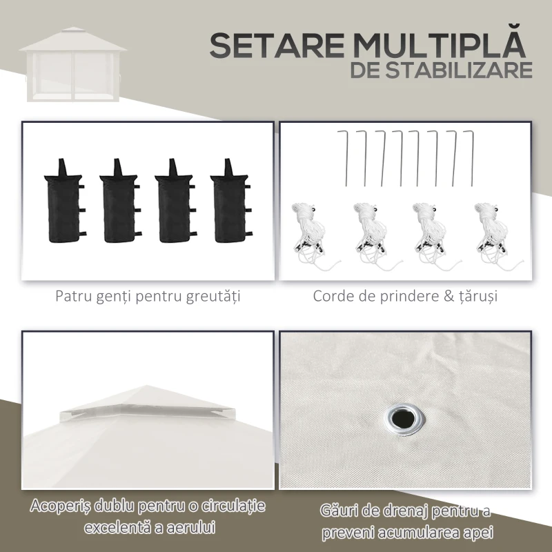 Outsunny Foișor Pliabil Pop Up 4x4 m cu Inălțime Reglabilă pe 3 Nivele, Foișor Exterior cu Plase de Țânțari, Saci de Nisip, Geantă de Transport, UV50+, pentru Grădină, Camping, Evenimente, Crem