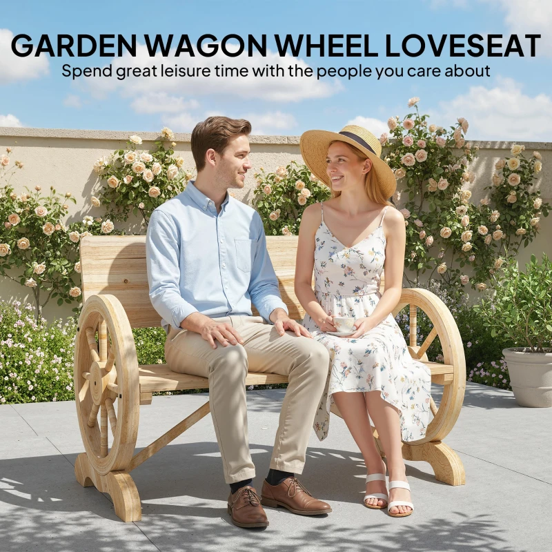 Outsunny Fir Wood 2-Seater Outdoor Garden Wagon Wheel Bench, Natural Wood Finish