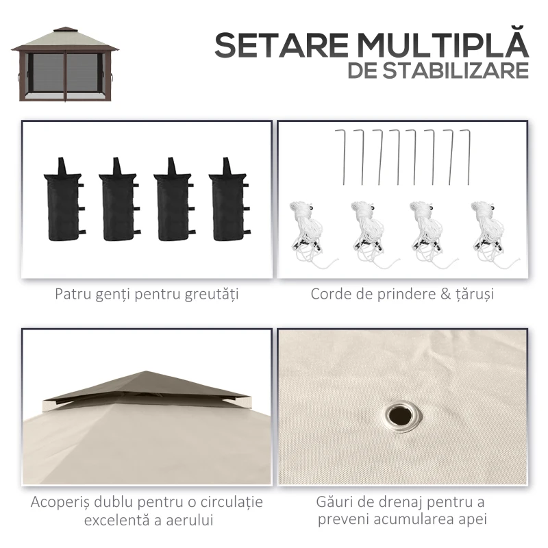 Pavilion Outsunny pliabil 4x4 m cu înălțime reglabilă, plasă de țânțari și geantă, din metal și material Oxford, bej