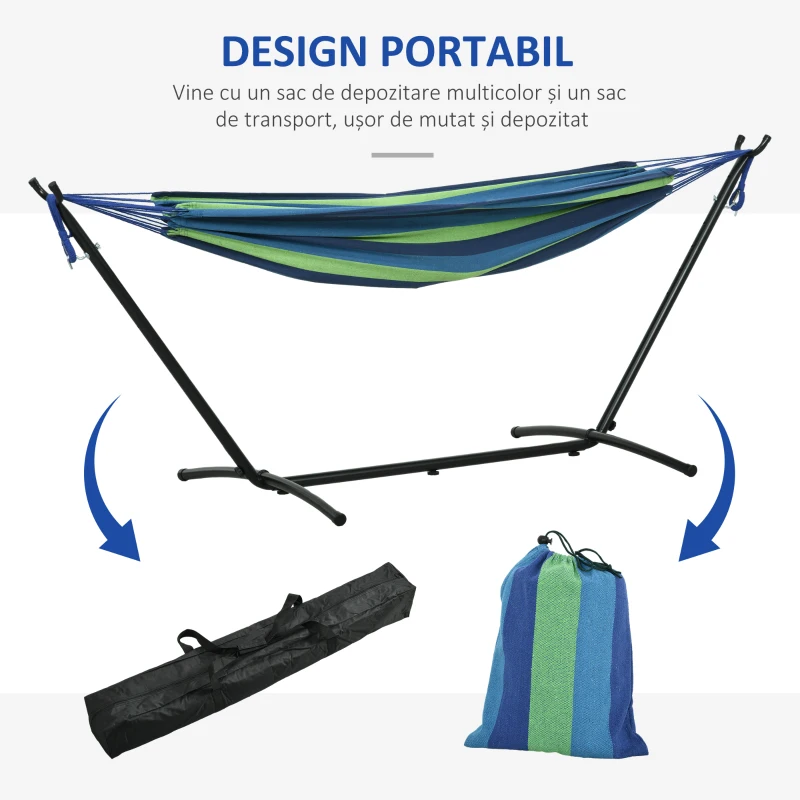 Outsunny Hamac de Grădină Suspendat 310x117 cm cu Înălțime Reglabilă și Suport, Capacitate 120 kg, Hamac Autoportant cu Geantă de Transport, pentru Camping, Grădină, Balcon, Patio, Verde și Albastru