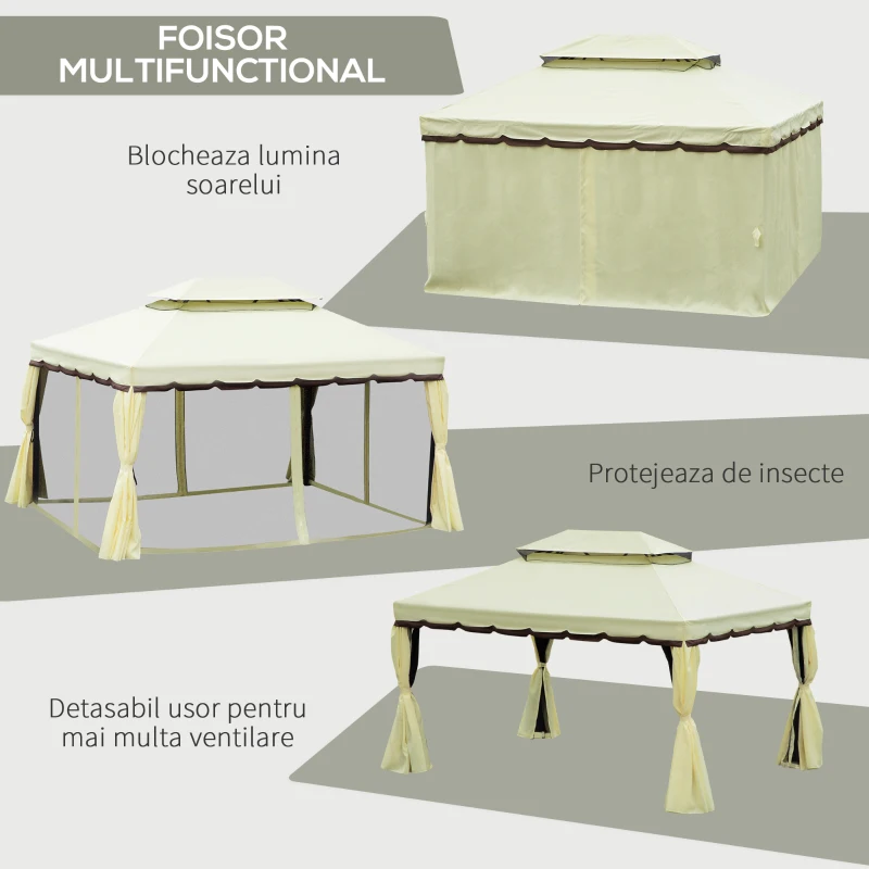 Outsunny Foișor de Grădină 4x3 m cu Plasă de Țânțari și Perdele, Acoperiș Dublu și Strat Anti-UV, Crem
