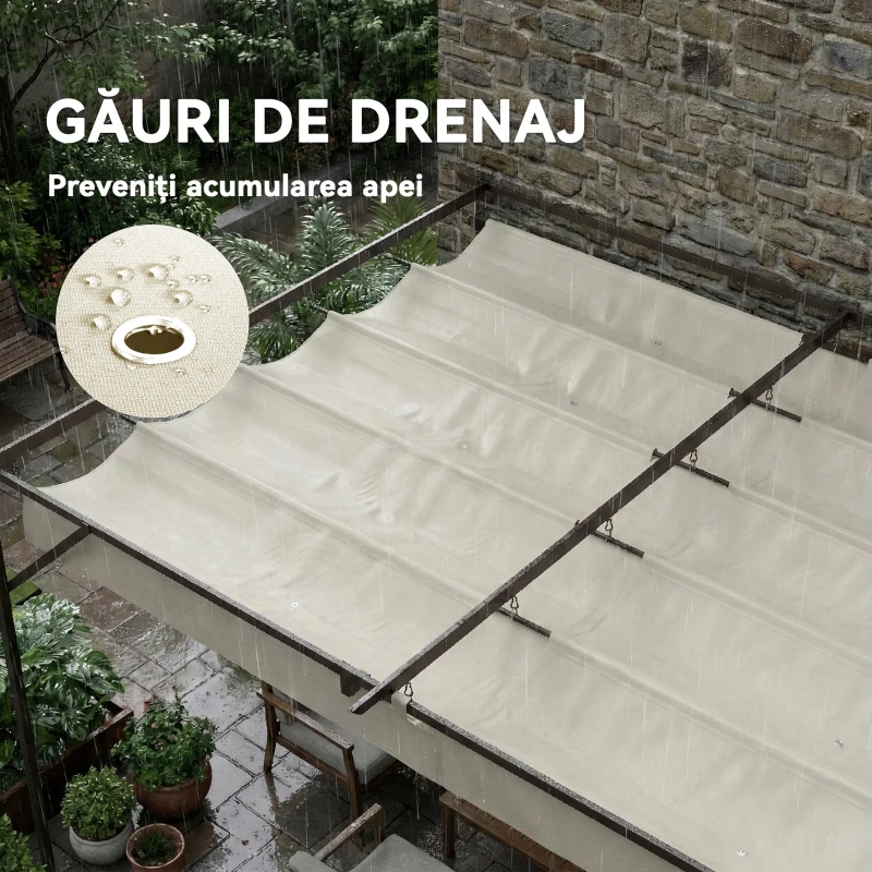 Outsunny Pergolă Gazebo Montată pe Perete 3x4 m cu Acoperiș Retractabil, Orificii de Drenaj, Pergolă de Grădină din Poliester și Oțel, pentru Terasă, Patio, Exterior, UV30+, Crem
