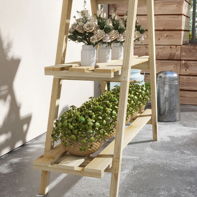Outsunny Suport Vertical pentru Plante cu 3 Nivele din Lemn de Brad, 100x36x112 cm, Culoare Lemn Natural