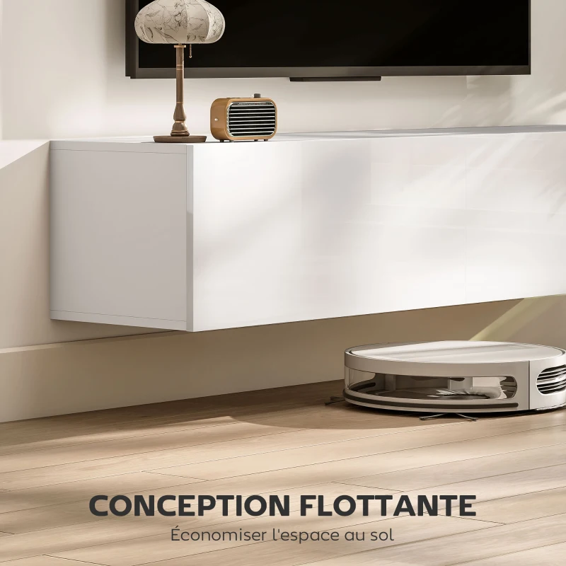 HOMCOM Meuble TV suspendu pour téléviseur jusqu'à 45 55 65 pouces avec 2 placards à portes, 140 x 33 x 29,8 cm, blanc