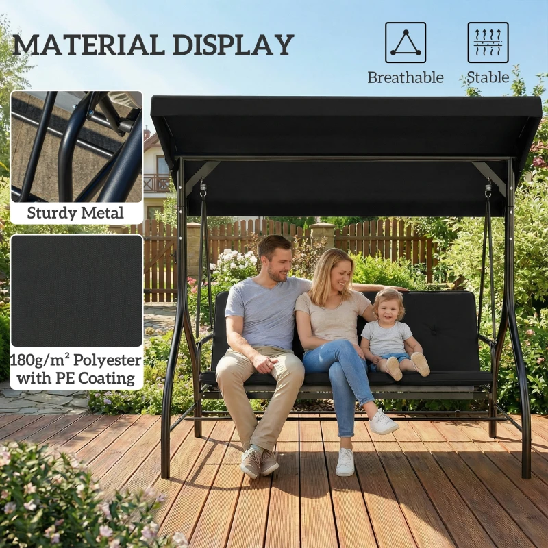 Outsunny 3 Seater Canopy Swing Chair, 2 in 1 Garden Swing Seat Bed, with Adjustable Canopy and Metal Frame, Black