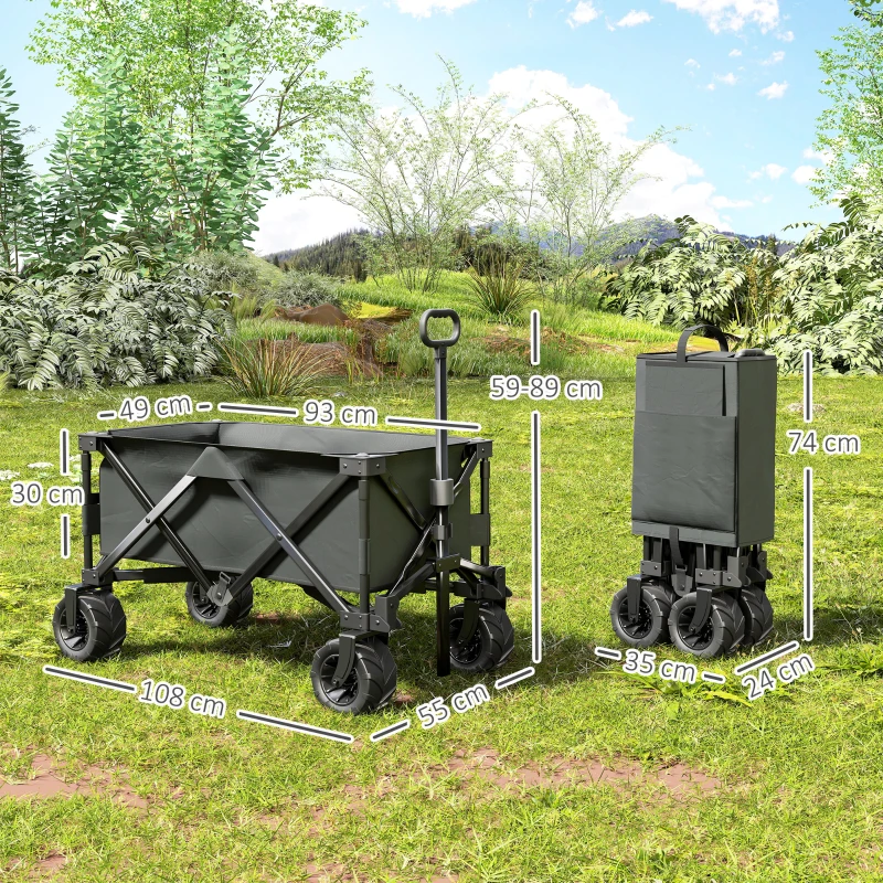 Outsunny Carrinho de Transporte Dobrável com Rodas Giratórias 360° e Guiador Ajustável 59-89 cm para Campismo Praia 108x55x61-91 cm Cinza Escuro