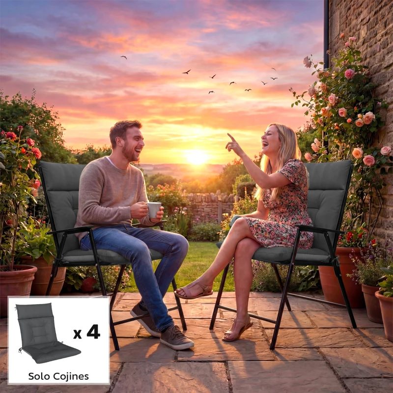 Outsunny Set of 4 Waterproof and Non-Slip Garden Chair Cushions with Backrest Straps 112x53 cm Dark Gray