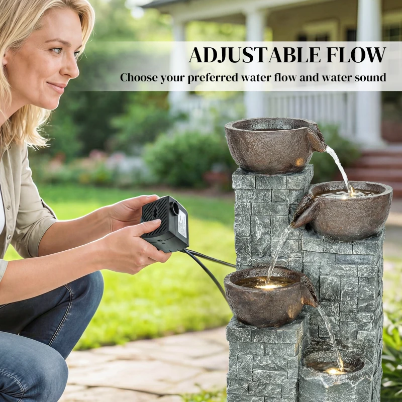 Outsunny 4-Tier Outdoor Fountain, Cascading Waterfall, Garden Fountain with LED Lights, Adjustable Flow, Grey and Rustic Brown