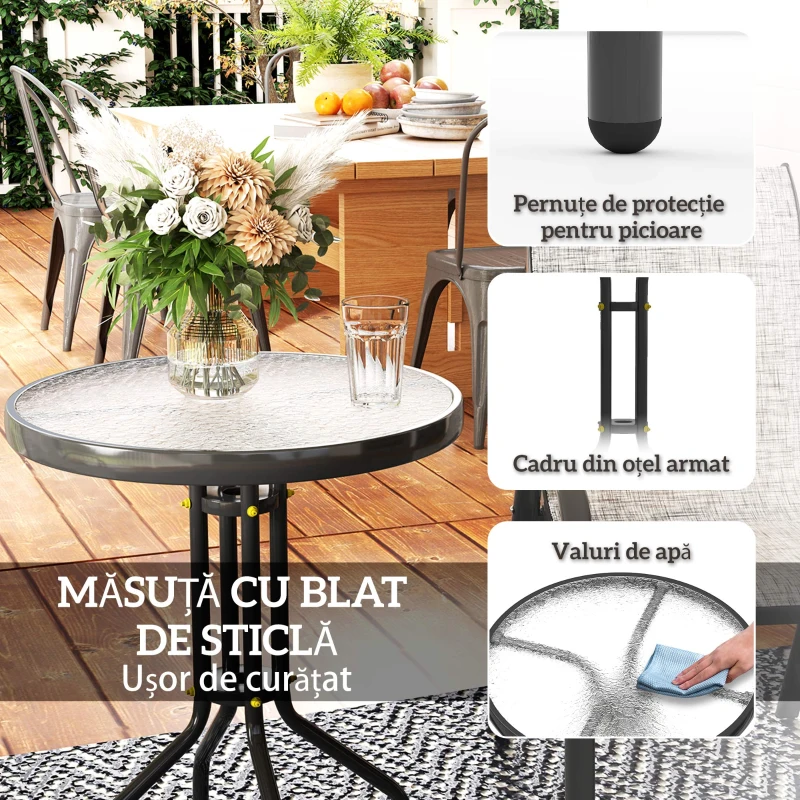 Outsunny Set Mobilier de Grădină din 3 Piese cu Scaune Suprapozabile și Masă din Sticlă, 54x71x93 cm, Gri Închis