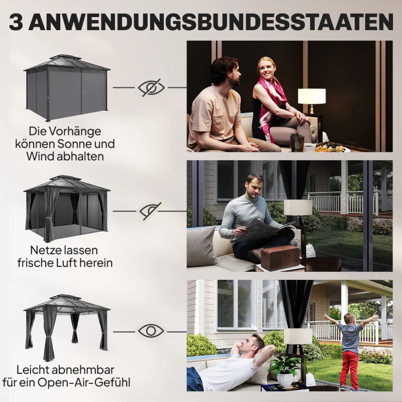 Outsunny Tuinpaviljoen ca. 3,6x3m Aluminium Paviljoen met 6 mm Polycarbonaat Dubbel Dak Muggennet 4 Zijpanelen Donkergrijs