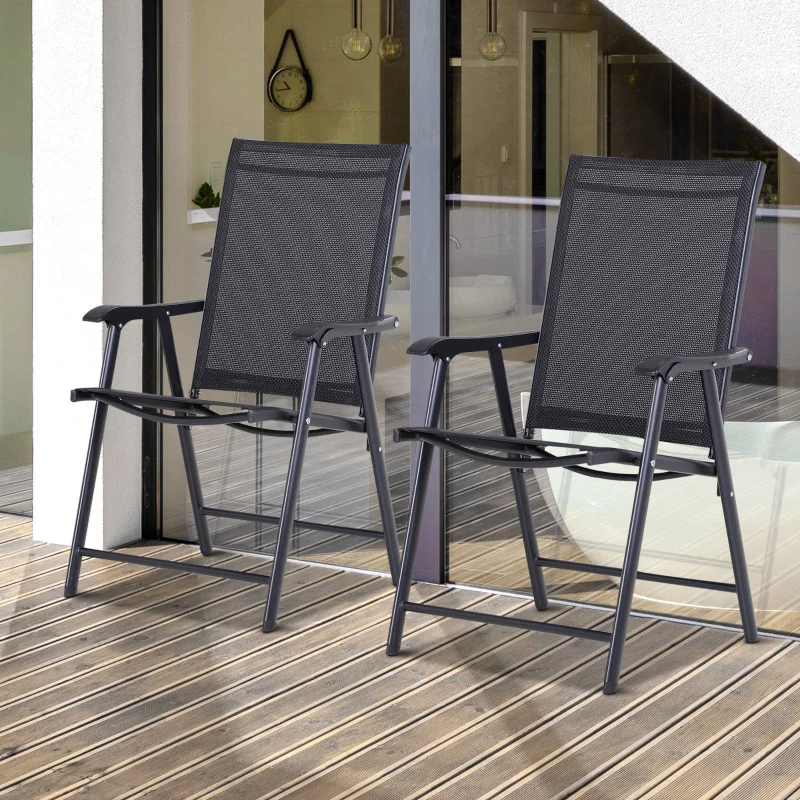 Outsunny Set 2 Scaune de Grădină Pliabile cu Cotiere, Scaune pentru Prânz în Exterior din Metal și Texteline, pentru Terasă, Balcon, Verandă, Exterior și Interior, 58x64x94cm, Negru