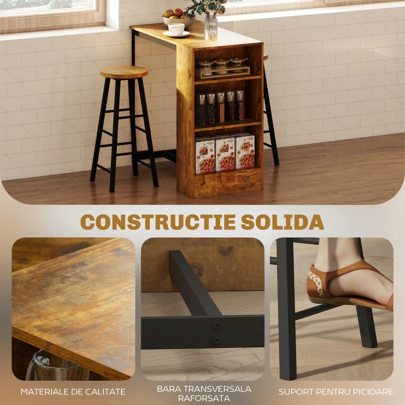 HOMCOM Set de masă cu bar cu 3 rafturi și 2 scaune înalte cu suport pentru picioare, stil industrial, maro