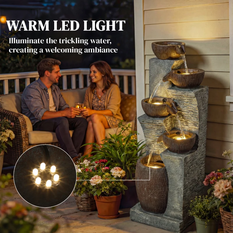 Outsunny Outdoor Fountain with 5-Tier, Garden Fountain with LED Lights, Adjustable Flow, Grey and Rustic Brown