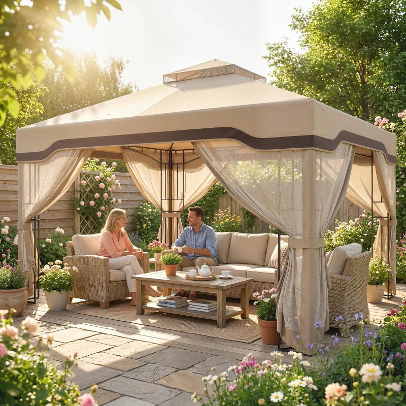 Outsunny 3 x 3.6 m Outdoor Garden Gazebo with Post Shelves, UPF50+ Patio Permanent Pavilion with Hook, Khaki