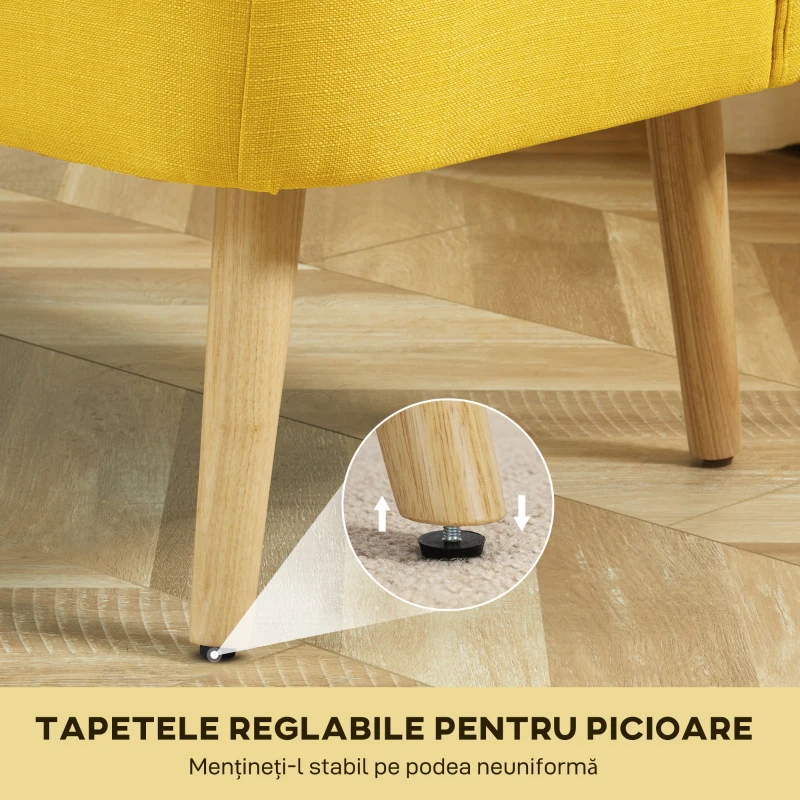 HOMCOM Canapea cu 2 locuri din material textil tip in, fără brațe, cu picioare din lemn, 117x56.5x77 cm, galben