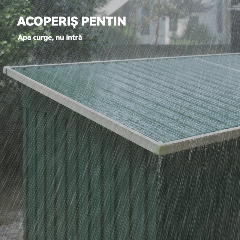 Outsunny Depozit de Grădină 3.18m² din Oțel Galvanizat cu Fante de Aerisire, Spațiu de Depozitare cu Uși Glisante Blocabile, Acoperiș Înclinat, Mănuși, 272x134x182 cm, Verde Închis