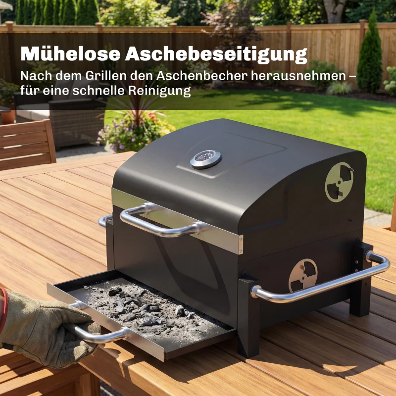 Outsunny Grill na węgiel drzewny ze stali przenośny BBQ Smoker z pokrywą regulowanymi otworami wentylacyjnymi dwupoziomowy pojemnik na węgiel termometr