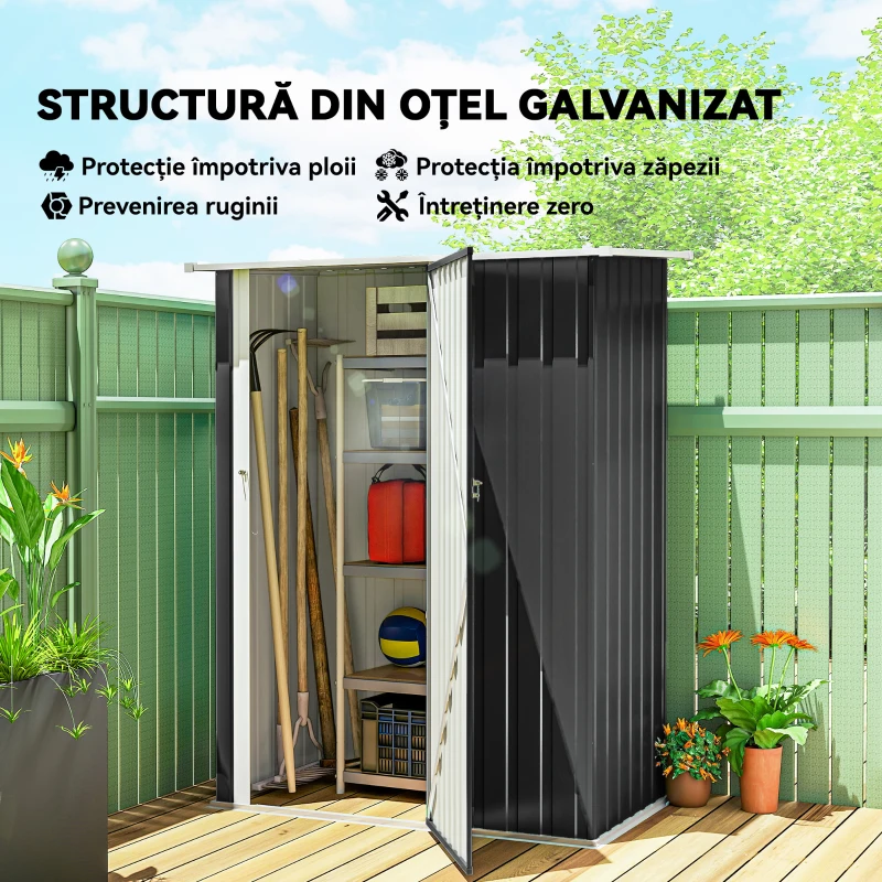 Outsunny Magazie pentru Unelte din Metal cu Acoperiș Înclinat și Ușă Blocabilă, 142x86x189 cm, Gri Închis