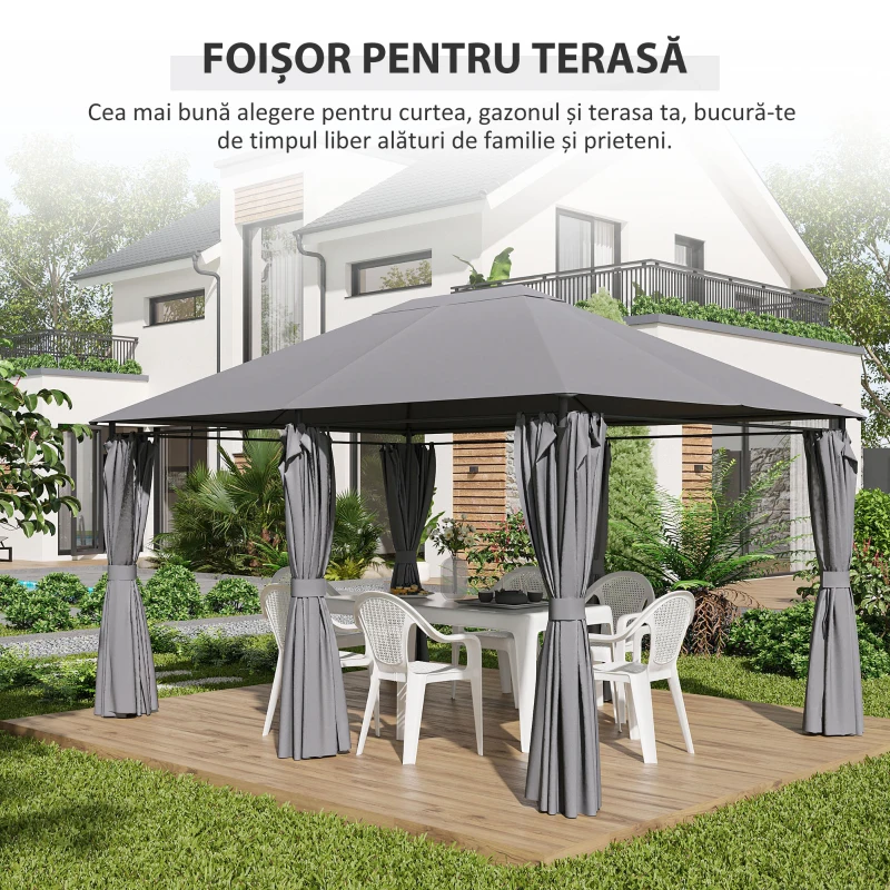 Outsunny Gazebo din Oțel 3x4 m cu Acoperiș din Material Textil și 6 Perdele Detașabile, Gri