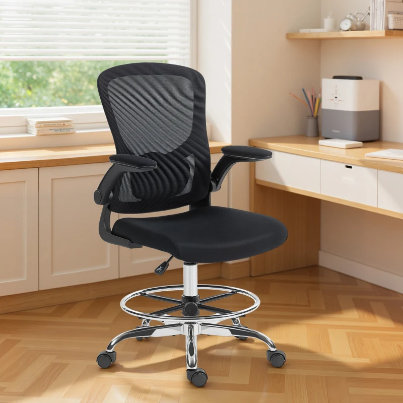 HOMCOM Chaise bureau ergonomique, chaise de dessin, support lombaire 4D, accoudoirs relevables, 60 x 60 x 108-132 cm, noir