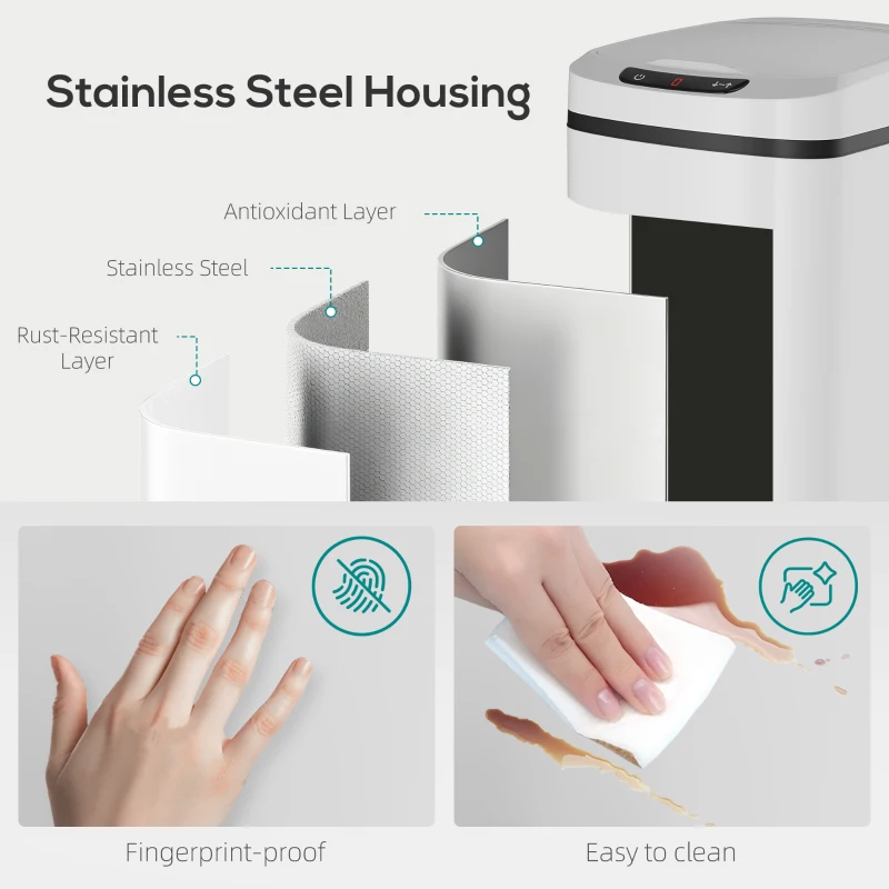 HOMCOM 12L Sensor Bin, Automatic Touchless Motion Sensor Kitchen Bin with Fingerprint Resistant Stainless Steel, White