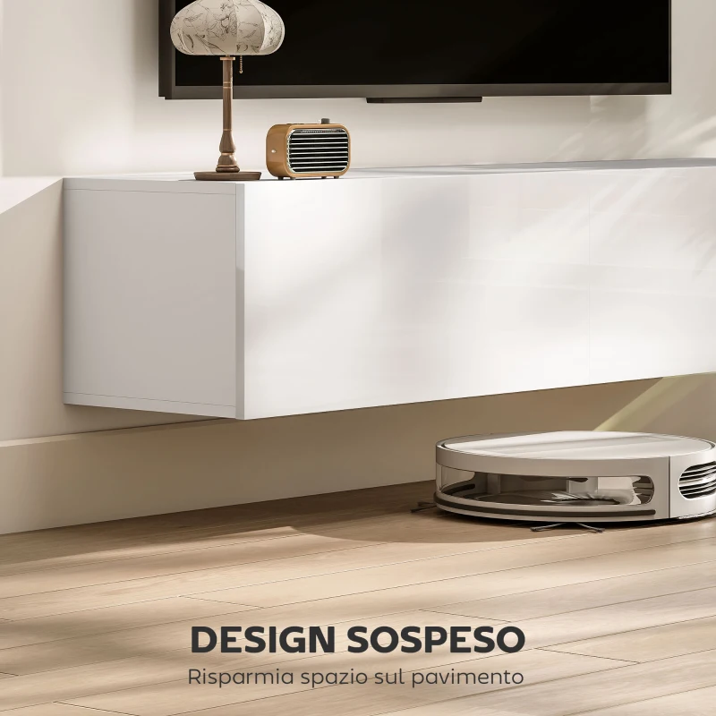 HOMCOM Mobile TV Sospeso per Televisori da 45"-55"-65" con 2 Armadietti e Ante a Ribalta, 140x33x29.8 cm, Bianco