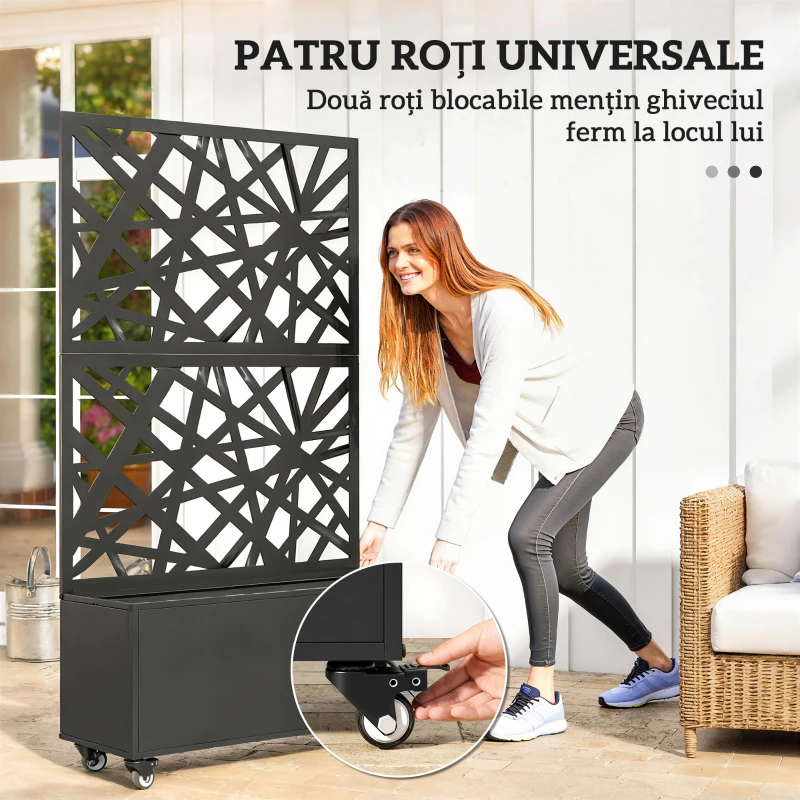 Outsunny Strat Înălțat pentru Grădină cu Roți și Grilaj, Ghiveci de Exterior cu Găuri de Drenaj din Metal, pentru Flori și Legume, pentru Grădină și Balcon, 90x30x160 cm, Negru