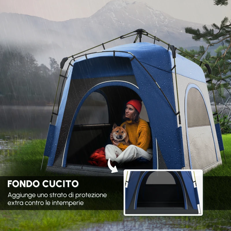 Outsunny Tenda da Campeggio Familiare 4 Persone Tenda Cupola Impermeabile Leggera, Ventilata Facile da Montare Pop-up 4 Finestre Parasole, Dim, 2,4 L x 2,4 L x 1,99 H M Fibra di Vetro Poliestere Grigio Blu