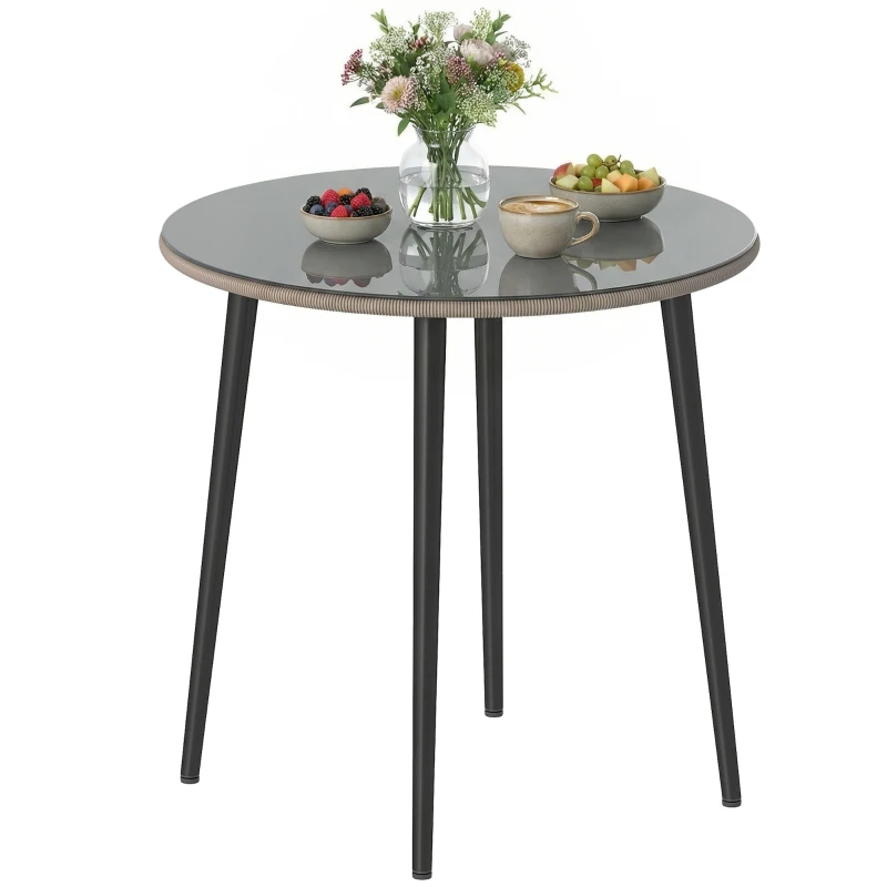 Outsunny Garden Table Steel Buffet Table with Steel Frame, PE-Rattan Edge, Adjustable Feet, 4-Person 80 x 80 x 74 cm Grey