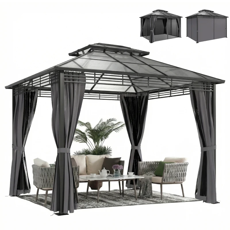 Outsunny Pabellón de jardín aprox. 3,6x3 m Pérgola de aluminio con doble techo de policarbonato 6 mm, mosquitera y 4 paneles laterales, gris oscuro