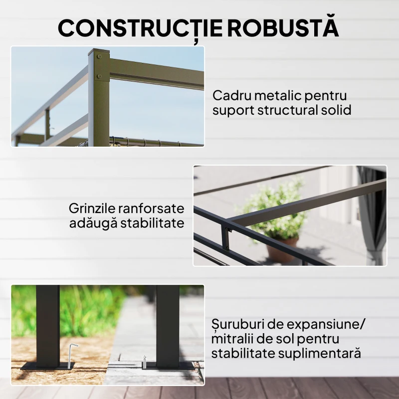 Outsunny Pergolă Gazebo 3x3 m cu Acoperiș Retractabil, 4 Pereți Laterali, Orificii de Drenare, Pergolă din Poliester și Oțel pentru Grădină, Terasă, Exterior, UV30+, Gri Închis