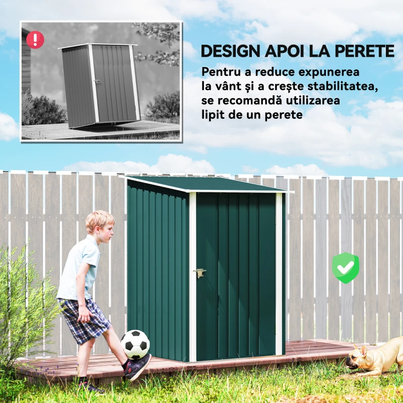 Outsunny Magazie de Grădină 0,92m² din Oțel Galvanizat, Depozit Unelte cu Ușă Blocabilă, Acoperiș Înclinat, 100x104x160 cm, Verde