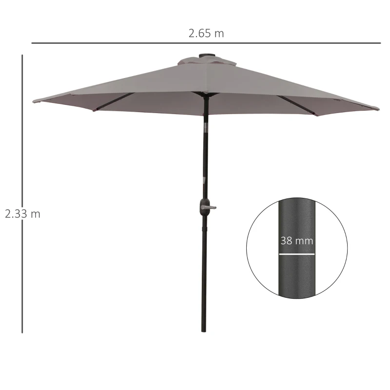 Outsunny Umbrelă de Grădină Reglabilă Ø265 cm cu 32 Lumini LED Solare și Manivelă, Umbrelă de Exterior cu 8 Bare de Sprijin, din Oțel, Poliester, pentru Terasă, Curte, Balcon, Gri