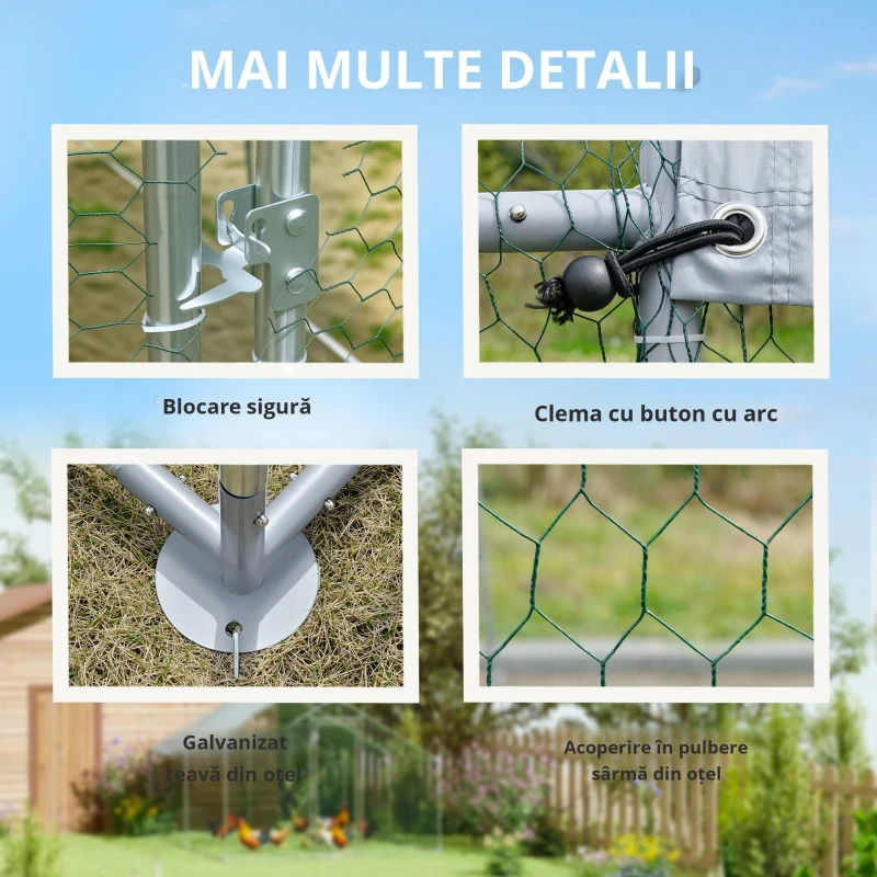 PawHut Țarc pentru Găini de 10,2 m² pentru 10-15 Găini cu Acoperiș Impermeabil, din Oțel și Țesătură, 3x3,4x1,9 m, Argintiu(m-5)