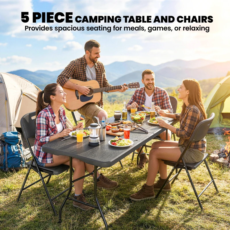 Outsunny 5 Piece 6ft Foldable Table and Chairs, Portable Picnic Table Set with 4 Chairs, Waterproof Top and Steel Frame, Black
