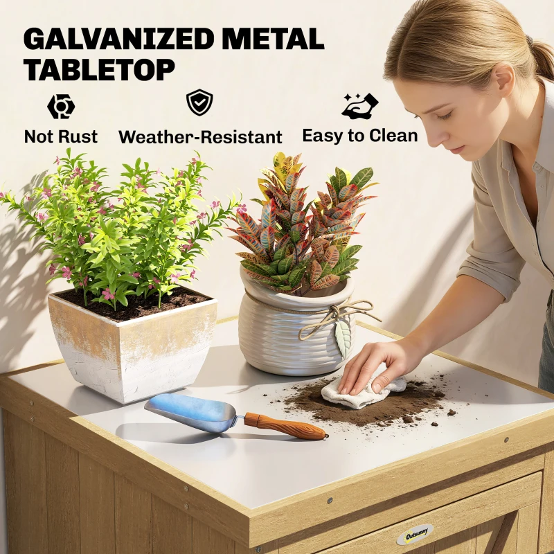 Outsunny Wooden Garden Shed, Garden Tool Storage Shed with Metal Top and Shelf, Light Brown