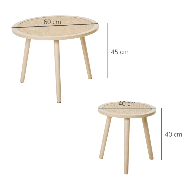 HOMCOM  2er Set Kaffeetisch Couchtisch mit Rattan-Tischplatte Stapeltisch Beistelltisch Kaffeetisch MDF Natur 40 x 40 x 40 cm/60 x 60 x 45 cm