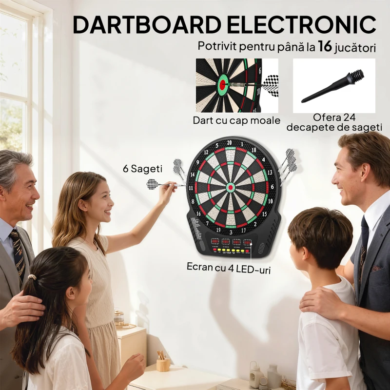 HOMCOM Țintă pentru Darts cu 6 Săgeți, Adaptor, 4 Afișaje LED și 27 de Jocuri, din ABS și PP, 44x51.5x3.2 cm, Negru