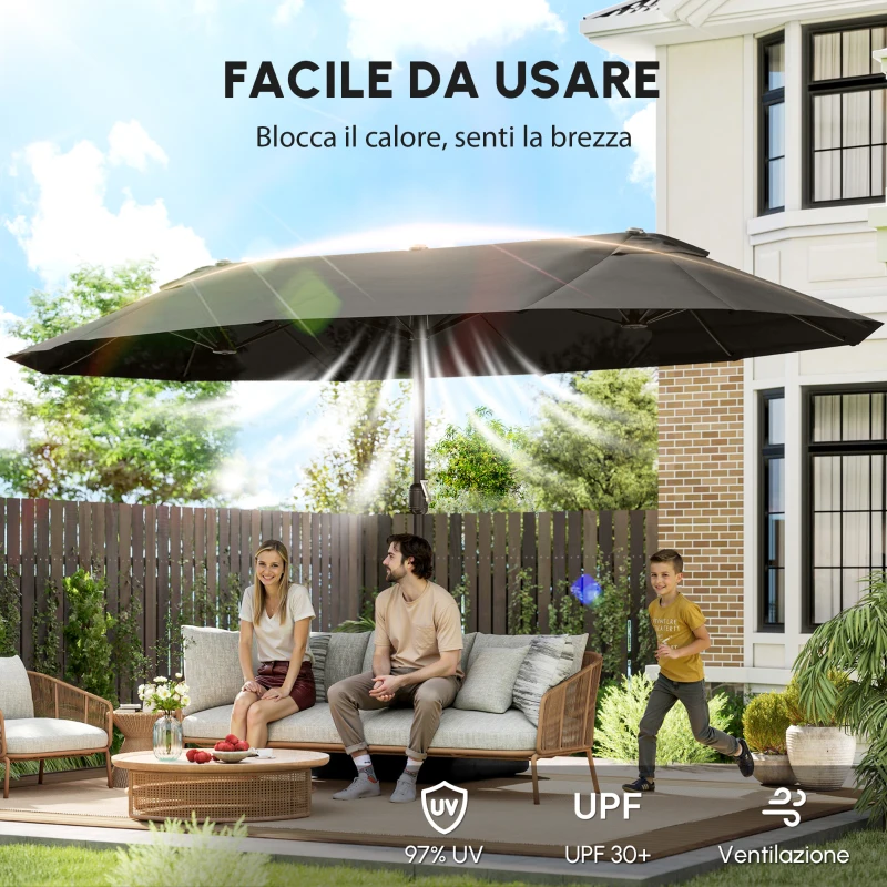 Outsunny Ombrellone da Giardino XXL 4,6L x 2,7l x 2,4H cm con Base a Croce, Apertura e Chiusura con Manovella, Acciaio e Poliestere ad Alta Densità, Grigio
